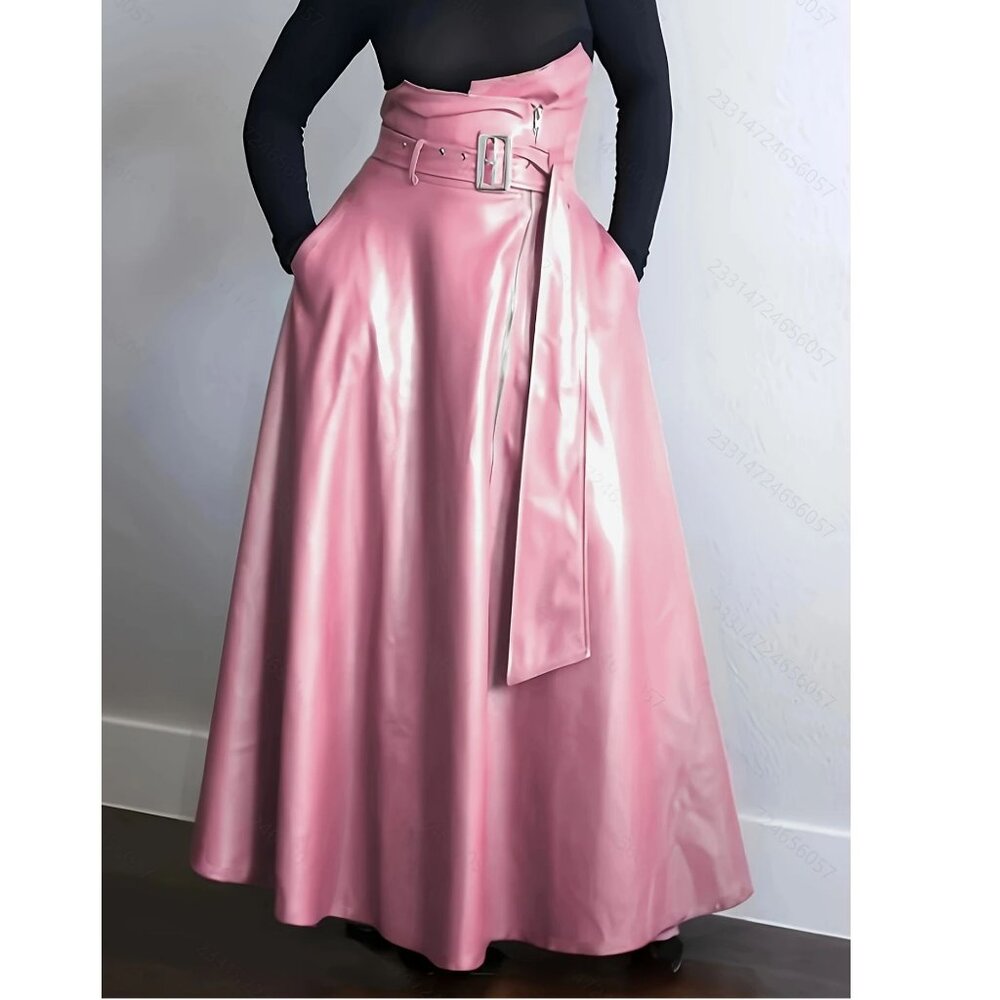 Pink Faux Leather Maxi Skirt With Pockets And Belt